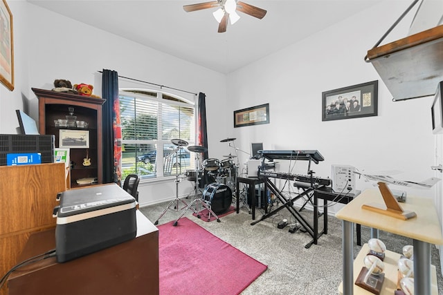 office area with carpet flooring and ceiling fan