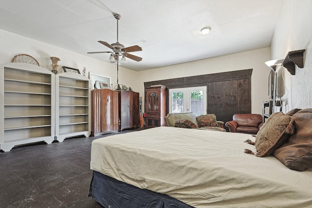 bedroom with french doors and ceiling fan