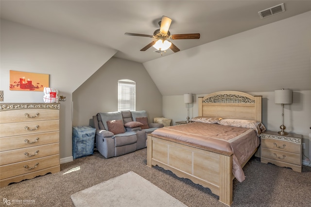 bedroom featuring lofted ceiling, carpet flooring, and ceiling fan