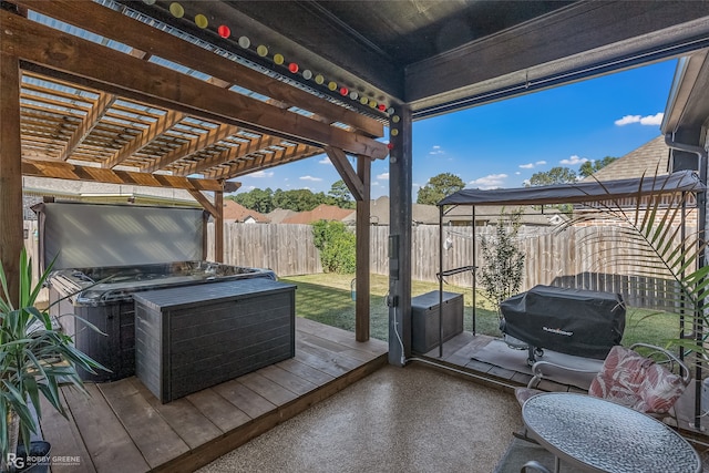 wooden deck featuring a hot tub, grilling area, and a pergola