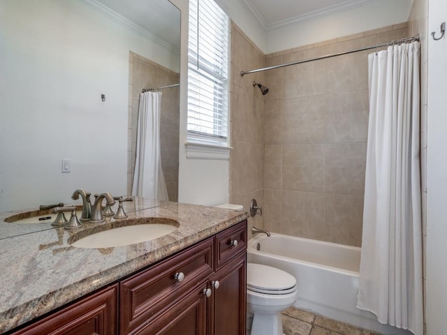 full bathroom featuring crown molding, shower / bathtub combination with curtain, vanity, and toilet