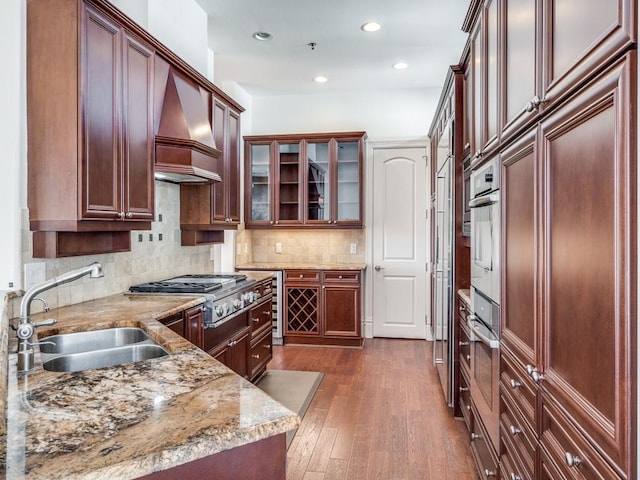 kitchen featuring sink, appliances with stainless steel finishes, premium range hood, dark hardwood / wood-style floors, and light stone counters