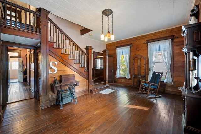 entrance foyer with wooden walls and dark hardwood / wood-style flooring