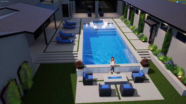 view of pool featuring outdoor lounge area, an in ground hot tub, and a patio area