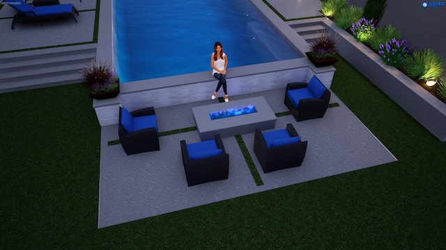 view of pool with an outdoor hangout area, a patio area, and a lawn