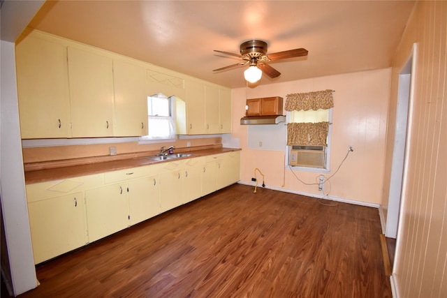 kitchen featuring sink, cooling unit, dark hardwood / wood-style floors, and ceiling fan