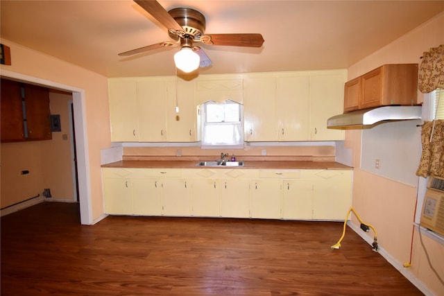 kitchen featuring white cabinets, ceiling fan, sink, and dark hardwood / wood-style flooring