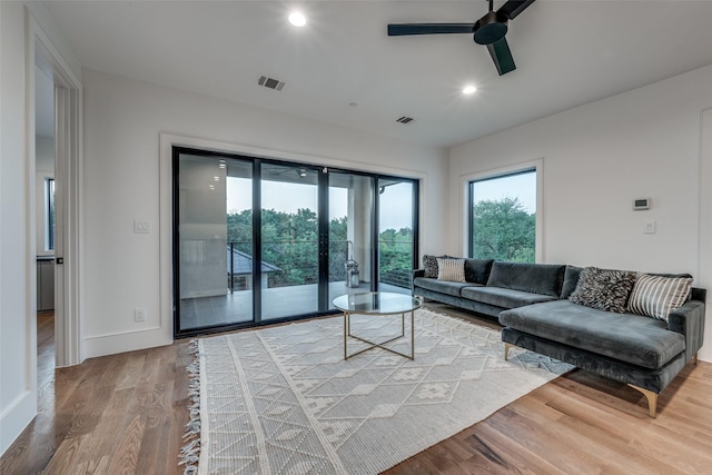 living room featuring hardwood / wood-style flooring and ceiling fan