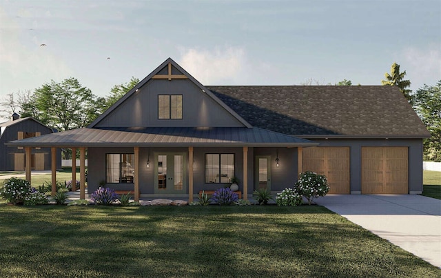 view of front of house featuring covered porch, a front lawn, and a garage