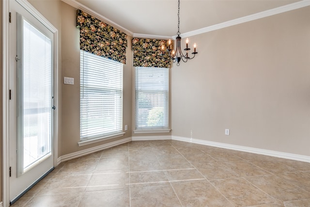 unfurnished dining area featuring an inviting chandelier, ornamental molding, light tile patterned flooring, and a healthy amount of sunlight