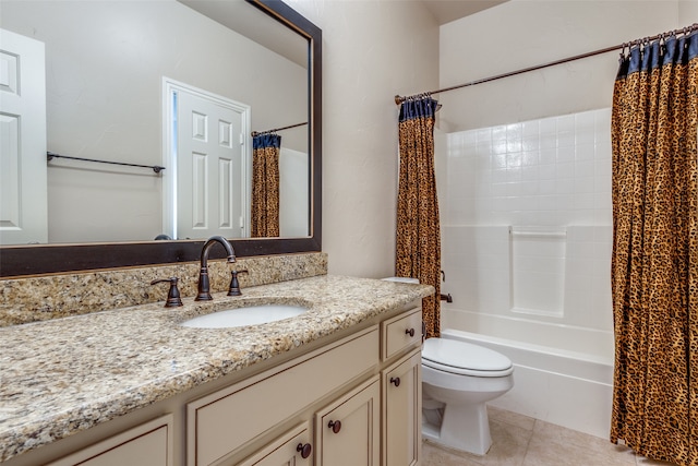 full bathroom with vanity, toilet, shower / tub combo, and tile patterned flooring