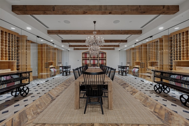 dining area featuring an inviting chandelier and beamed ceiling