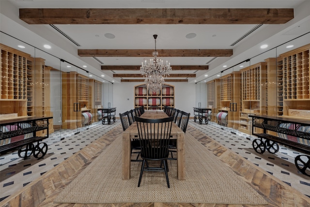 dining space with recessed lighting, beam ceiling, and a chandelier