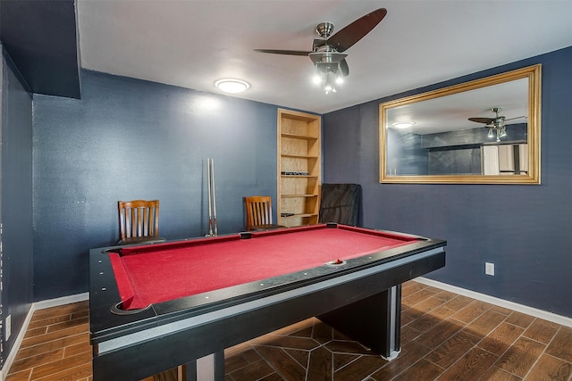 recreation room featuring billiards, dark hardwood / wood-style flooring, and ceiling fan