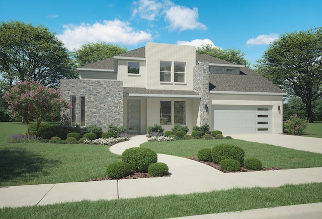 view of front of house featuring a front yard and a garage