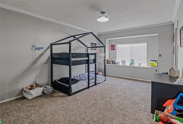 carpeted bedroom with a textured ceiling and crown molding