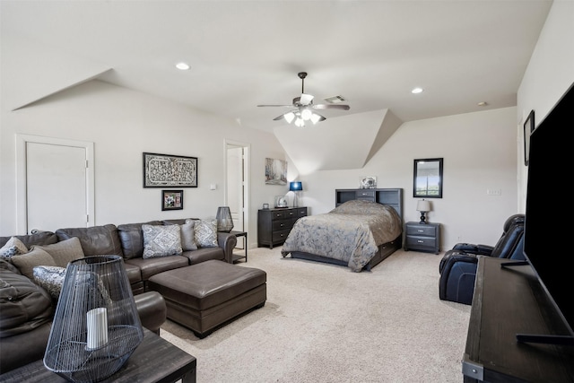 carpeted bedroom featuring ceiling fan and lofted ceiling