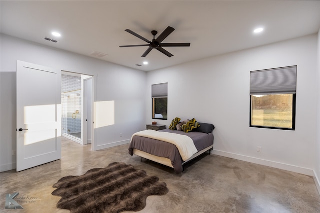 bedroom with multiple windows, concrete flooring, access to exterior, and ceiling fan