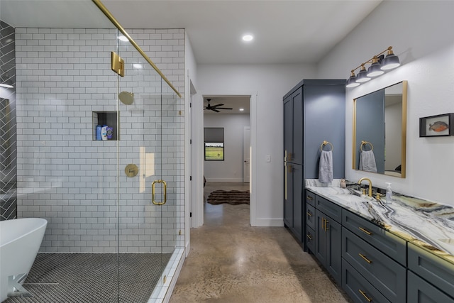 bathroom featuring vanity, independent shower and bath, concrete flooring, and ceiling fan