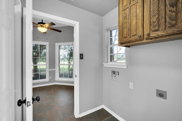 laundry room featuring cabinets, ceiling fan, dark tile patterned floors, hookup for a washing machine, and electric dryer hookup