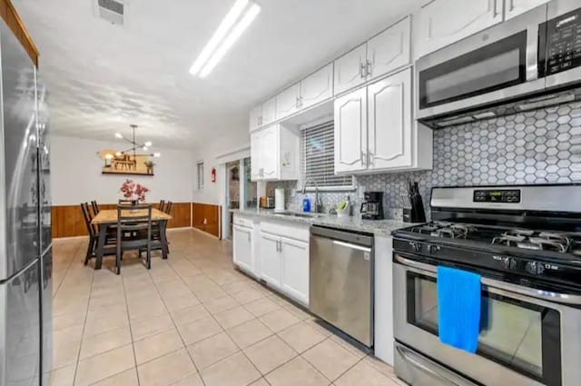 kitchen featuring decorative backsplash, appliances with stainless steel finishes, white cabinetry, sink, and wooden walls