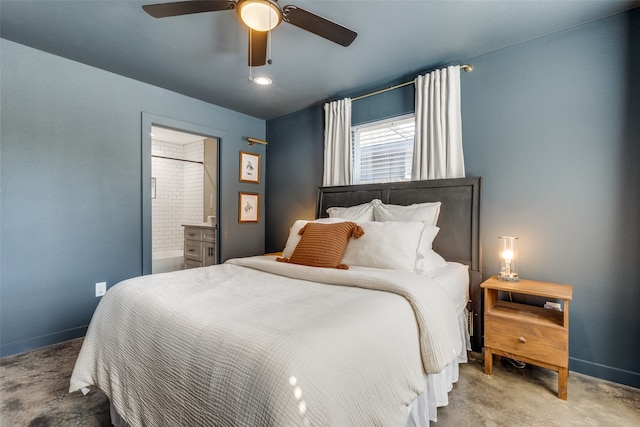 bedroom with light colored carpet, connected bathroom, and ceiling fan