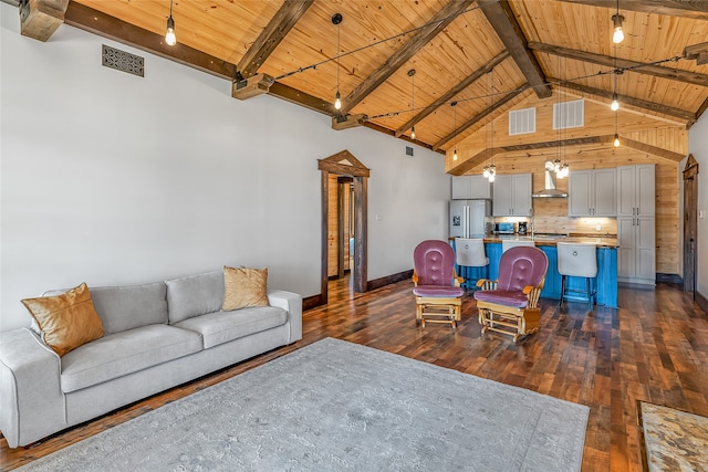 living room with beam ceiling, wood ceiling, high vaulted ceiling, and dark hardwood / wood-style floors