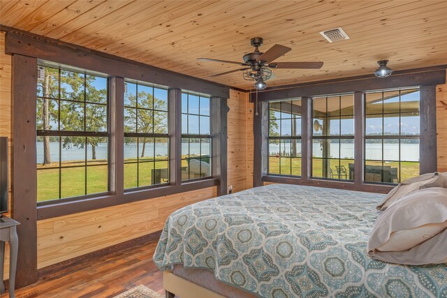 bedroom with wood ceiling, hardwood / wood-style flooring, wooden walls, and a water view