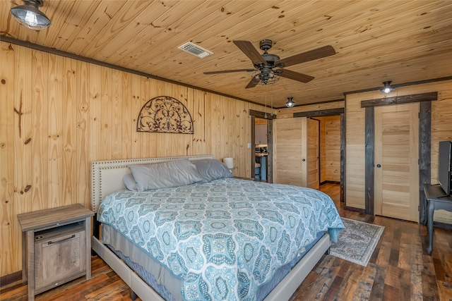 bedroom featuring dark wood-type flooring, wooden ceiling, and wood walls