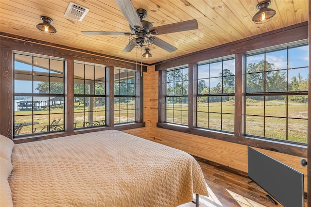 unfurnished bedroom featuring wood ceiling, wooden walls, and hardwood / wood-style flooring