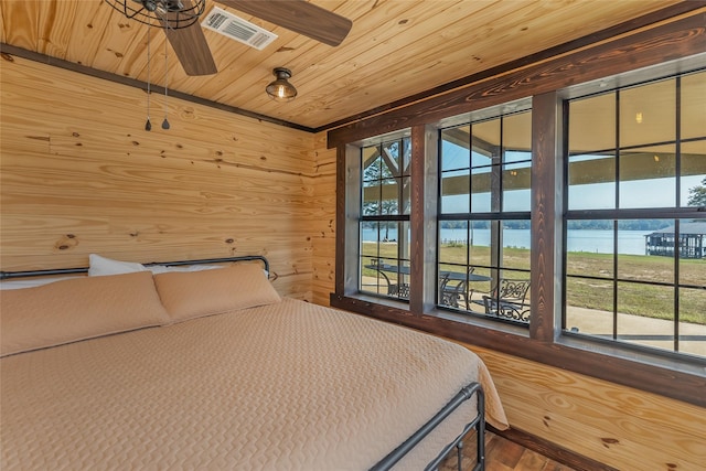 bedroom featuring wooden walls, wooden ceiling, and a water view