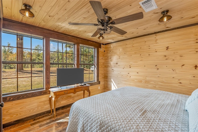 bedroom with hardwood / wood-style flooring, wooden ceiling, and wood walls