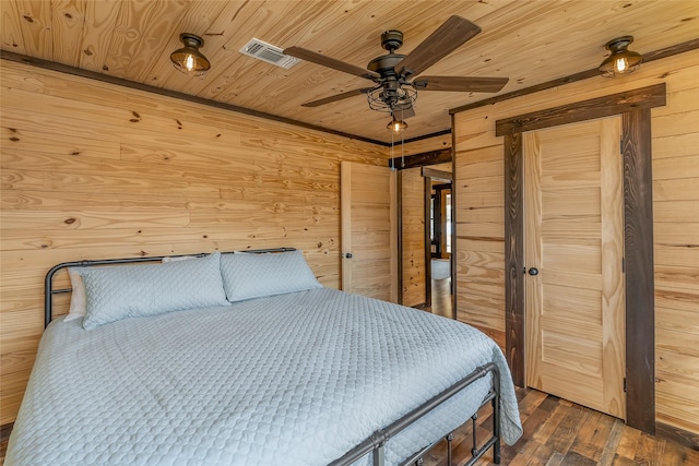 bedroom featuring dark hardwood / wood-style flooring, wooden walls, and wood ceiling