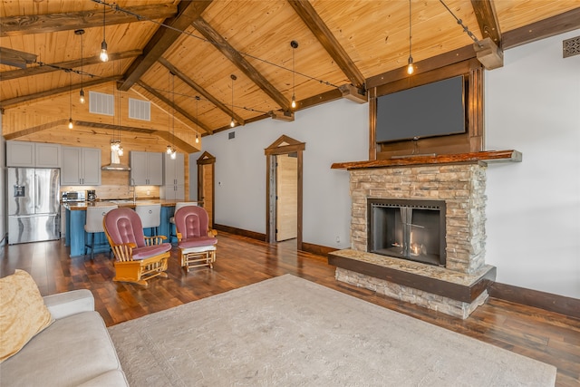 living room with dark hardwood / wood-style floors and wooden ceiling