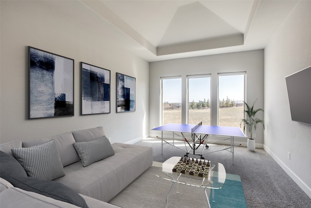 carpeted living room featuring a tray ceiling