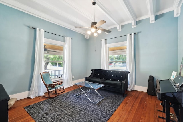 interior space featuring dark hardwood / wood-style flooring, beam ceiling, and plenty of natural light