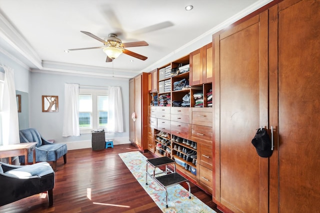 office featuring ornamental molding, dark wood-type flooring, and ceiling fan