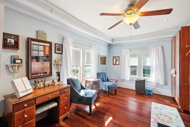 living area with ornamental molding, ceiling fan, and dark hardwood / wood-style flooring