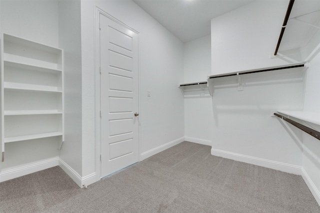 spacious closet featuring light colored carpet