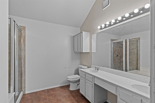 bathroom with vaulted ceiling, toilet, vanity, an enclosed shower, and tile patterned flooring