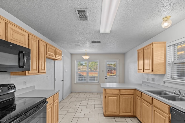 kitchen with black appliances, a textured ceiling, kitchen peninsula, and hanging light fixtures