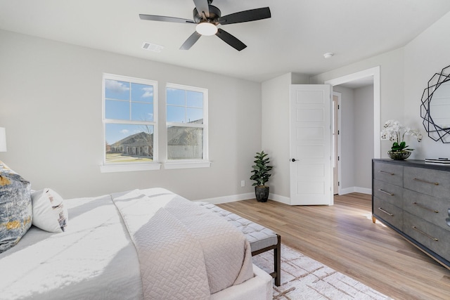 bedroom with ceiling fan and light wood-type flooring