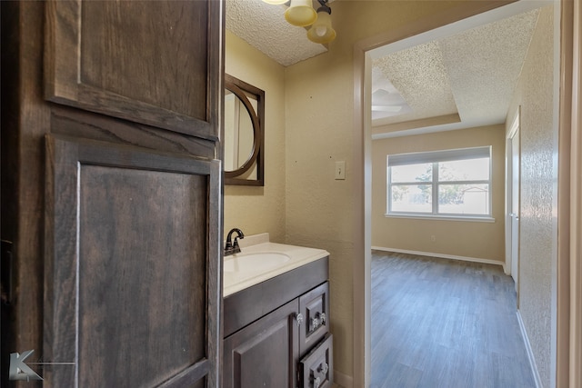 bathroom featuring vanity, a textured ceiling, wood-type flooring, and a raised ceiling