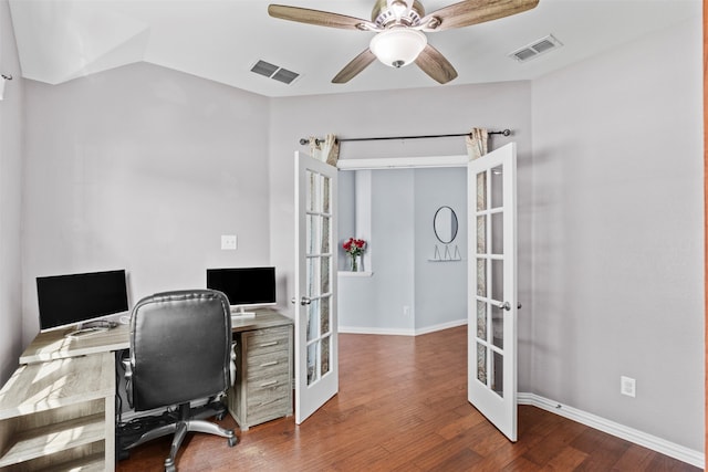 office featuring french doors, ceiling fan, and wood-type flooring