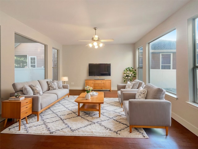 living room with a healthy amount of sunlight, hardwood / wood-style flooring, and ceiling fan