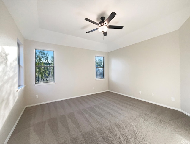 carpeted spare room with a raised ceiling, plenty of natural light, and ceiling fan