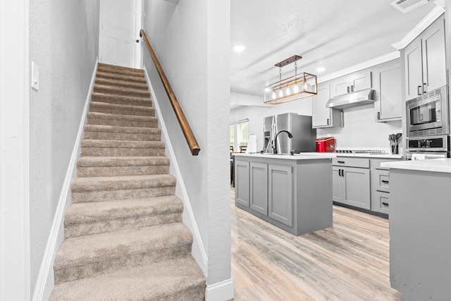 kitchen featuring an island with sink, gray cabinets, stainless steel appliances, light wood-type flooring, and under cabinet range hood
