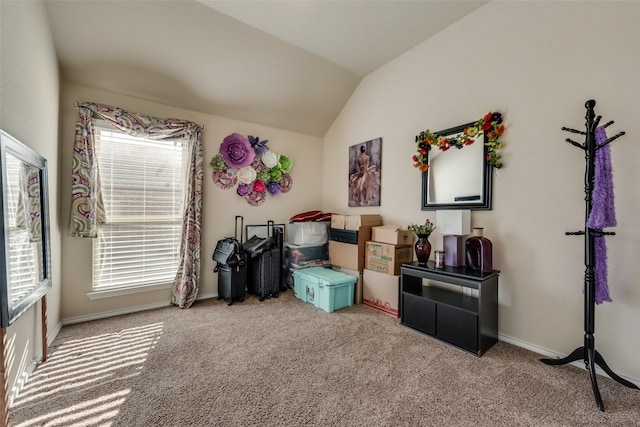 interior space with light carpet and lofted ceiling