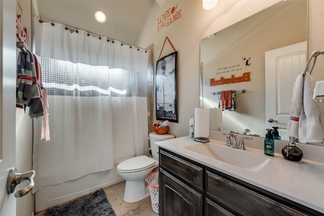 full bathroom with vanity, toilet, shower / bathtub combination with curtain, and vaulted ceiling