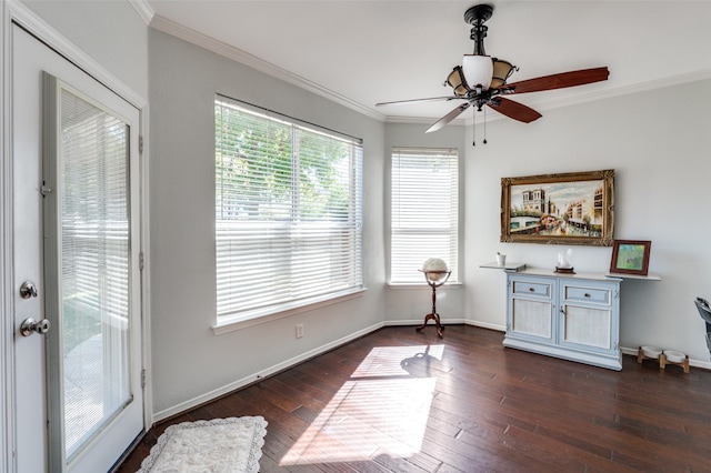 interior space with crown molding, ceiling fan, and dark hardwood / wood-style flooring